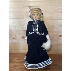 VTG 18" Victorian Porcelain Doll in Navy Blue Velvet Dress with stand Feathers